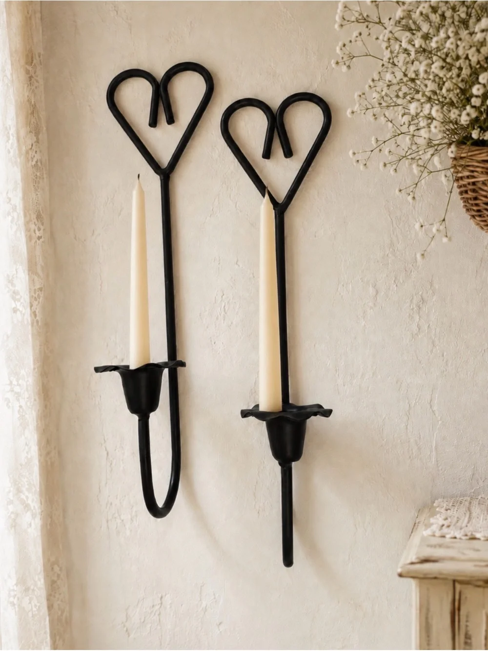 Heart-Tip Black Iron Wall Candle Sconce